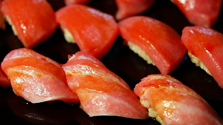 Close-up of fatty tuna nigiri